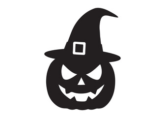 pumpkin face and witch hat logo silhouette vector, pumpkin with witch hat vector silhouette illustration, spooky jack-o-lantern pumpkin with a witch hat logo silhouettes vector on white background. 