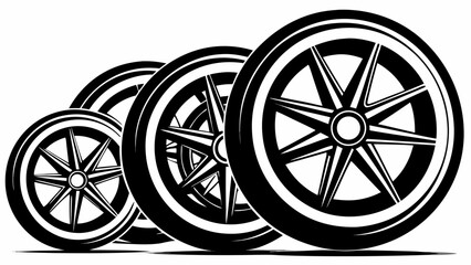 Fototapeta premium Vector art of a set of four car wheels in a row, each with a unique design and style
