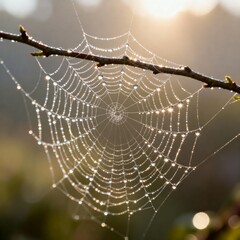 Fototapeta premium Dew-Kissed Spiderweb A Delicate Tapestry of Nature's Artistry Illuminated by the Morning Sun