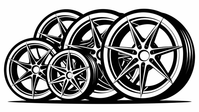 Vector art of assortment of car wheels vector illustration, showcasing automotive design, vehicle customization, and transportation technology
