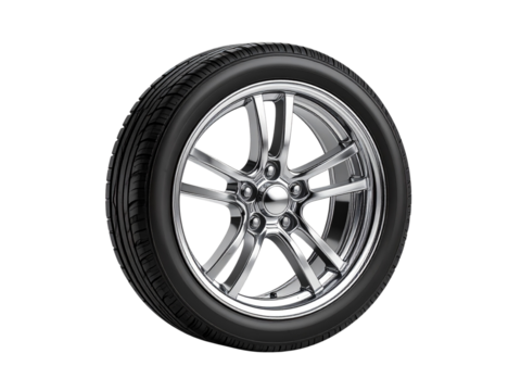 Wheel Elegance: A pristine car wheel showcases its sleek design, with a gleaming alloy rim encased by a robust black tire, emphasizing automotive refinement. 