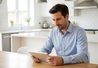 Man Concentrating on Tablet in Kitchen.