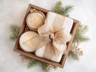 Luxurious holiday spa gift set with candle, soap, and bath salts for relaxation