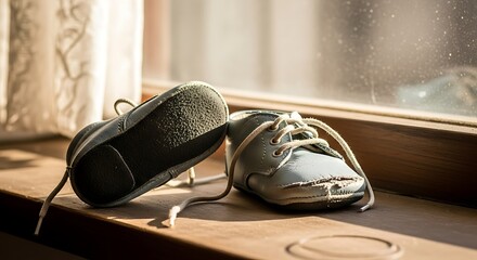 Pair of worn light blue baby shoes with white laces on wooden windowsill footwear children's shoes