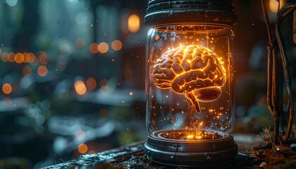 A ultra hyper-realistic, macro shot of a futuristic lantern with a glowing, miniature brain inside its glass.