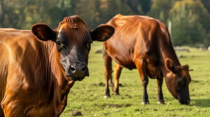 Fototapeta premium Two brown cows graze peacefully in a green field, one looking directly at the viewer, showcasing rural life and animal husbandry