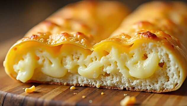 Close up of sliced chipa showing airy texture with melted cheese and tapioca flour crumb inside 