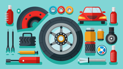 Obraz premium Vector art of an eyecatching flat lay illustration displaying an assortment of car components and equipment, ideal for automotive themes and repair services