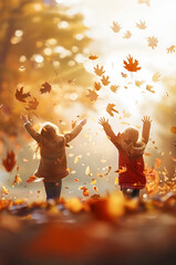 Two joyful children playing with leaves in the autumn forest.