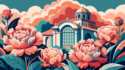 Vector art of a picturesque scene of a stately building framed by vibrant peonies, with a dramatic sky and clouds creating a captivating backdrop
