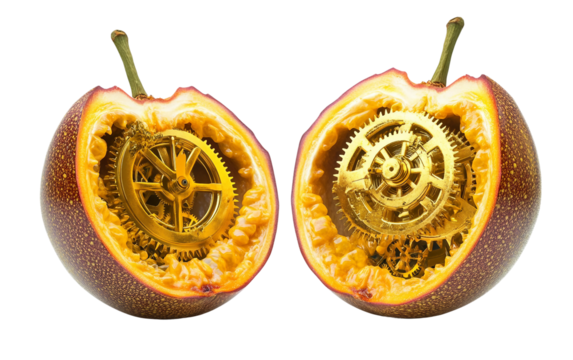 Tropical passion fruit in realistic style sliced to display juicy seeds emphasizing freshness, colorful detail, and culinary visual appeal isolated on transparent background PNG