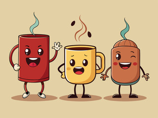 Playful Coffee Cup Cartoon Drawing with Expressions