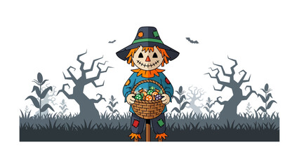 Halloween Scarecrow in the Spooky Field: a delightful and festive cartoon scarecrow, is adorned with a jovial grin, stands in the midst of a spooky field.