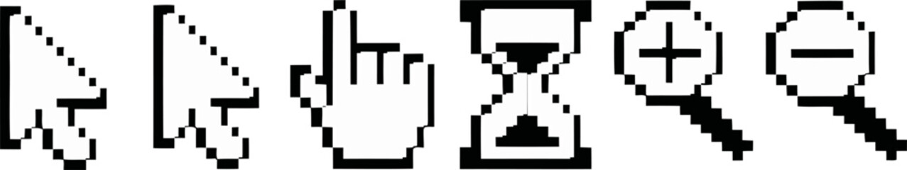 Collection of Retro Pixelated Cursor Icons and Symbols for Digital Design and User Interface Elements