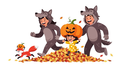Halloween Fun: Halloween children dressed in charming wolf costumes chase pumpkin-headed companion through a whimsical pile of fallen leaves, embracing the spooky spirit of the holiday season.