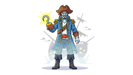 Mysterious Pirate with Hook: A spectral pirate, hook glinting, stands with an ethereal presence before a shadowed ship, embodying adventure and enigma.
