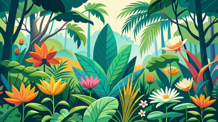 Vector art of lush tropical jungle illustration featuring vibrant flowers, dense foliage, and tall trees, creating a serene and inviting natural scene for backgrounds