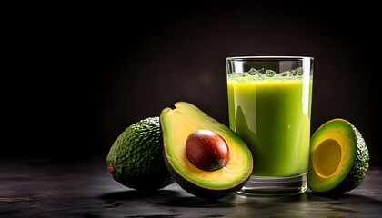 Fresh Avocado Smoothie in a Glass with Halved Avocados