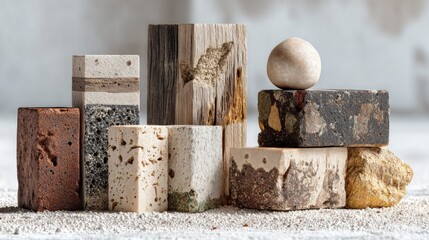 Abstract composition of diverse geometric blocks and stone sphere arrangement