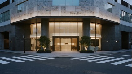 Obraz premium Modern building entrance at night with illuminated glass facade and crosswalk in foreground