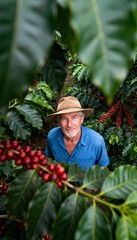 Farmer among coffee plants framed by leaves, soft natural lighting.