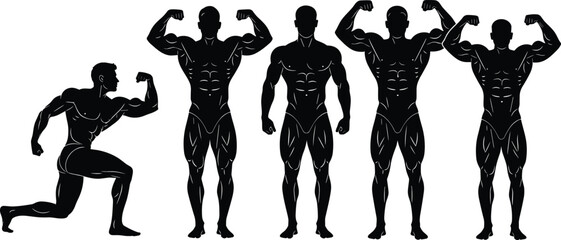 Muscular men silhouette posing, bodybuilding poses, fitness models flexing muscles, strong male athletes, fitness silhouettes, male strength, gym workout, power, physique showcase
