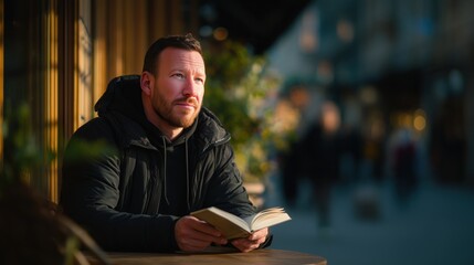 Man sitting at an outdoor café table reading a book and gazing upward thoughtfully