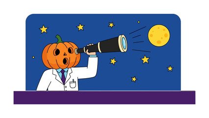 Pumpkin-Headed Astronomer Gazing at the Night Sky: a whimsical character of a pumpkin-headed figure is engrossed in observing the night sky through a telescope. The full moon casts a soft glow. © mstmahmuda