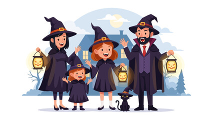Halloween Family Fun: A cartoon illustration shows a family of witches and their black cat, ready for Halloween with lanterns in front of their haunted house. 