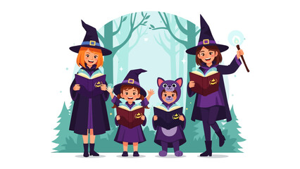 Spells of Friendship: A whimsical gathering of young sorcerers and a friendly bat, all reading from their spellbooks, creating a magical tale of togetherness and charm. 