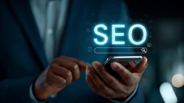 Close Up Of Hand Using Smartphone With Glowing SEO Hologram Overlay