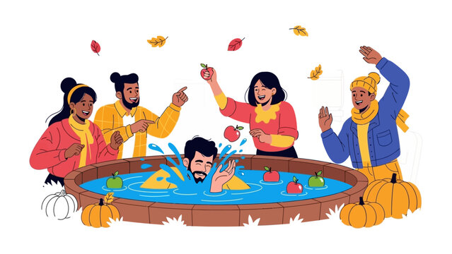 Autumn Festivities: A group of friends engages in the lively game of apple bobbing at a harvest festival, surrounded by the colors of autumn and the joy of shared laughter.