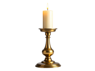 Candlelight Elegance: A solitary, ivory candle, perched gracefully atop a lustrous brass candlestick, casts a warm, inviting glow, suggesting tranquility and sophistication.