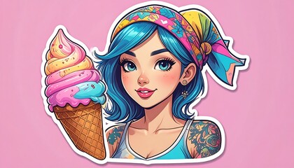 Cute girl with ice cream, bright colors, cartoon style