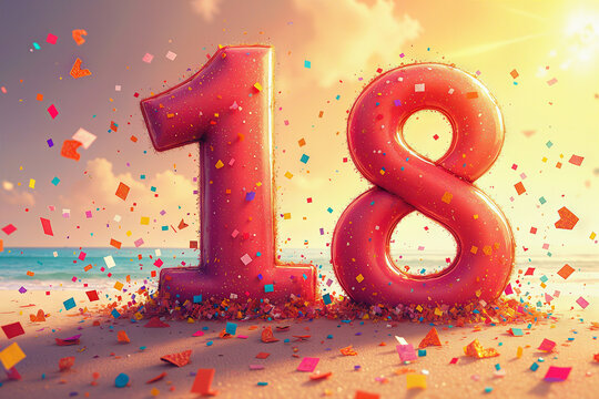 Greeting card for 18 years. Celebrate your 18th birthday with colorful confetti on a beautiful beach at sunset. - Powered by Adobe