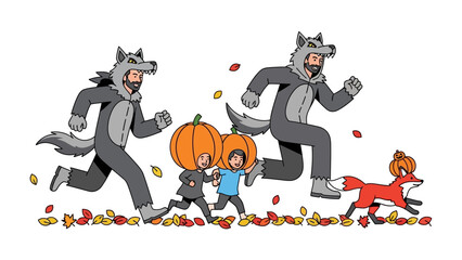 Halloween Fun: A playful illustration captures the spirit of Halloween with a group of people in whimsical costumes, including a wolf, and a fox, racing through fallen leaves amidst cheerful pumpkins.