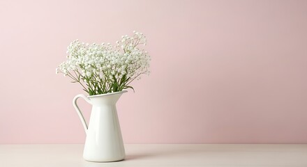 White Flowers in a Pitcher on a Pink Background.