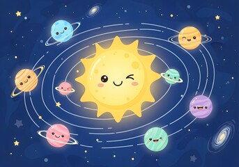 Cute Cartoon Solar System with Smiling Planets and Sun Illustration