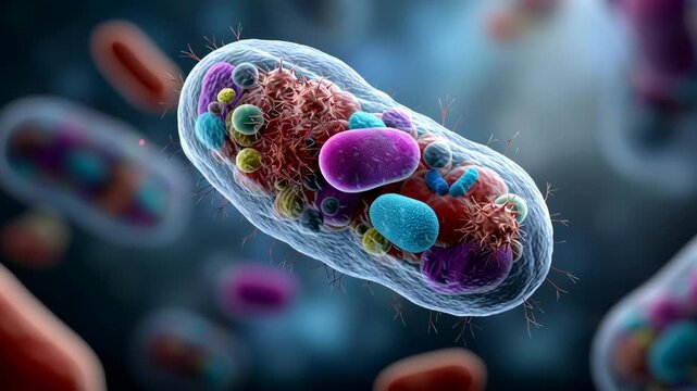 Gut Healthy concept ,colorful microscopic bacterium cell with organelle structures and glowing membrane, colorful single