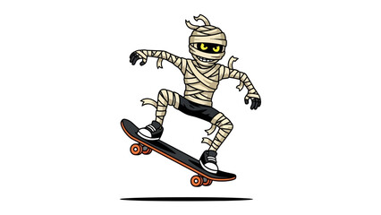 Fototapeta premium Mummy Skateboarder: A playful illustration depicts a mummy in dynamic action on a skateboard, ready for some Halloween fun!