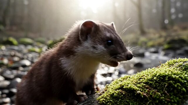 Curious wild stoat or weasel exploring vibrant green moss in a beautiful sunlit forest Detailed close-up of this agile mammal in its natural habitat