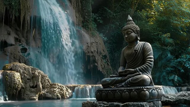 Ancient statue great Buddha on bright holiday composition