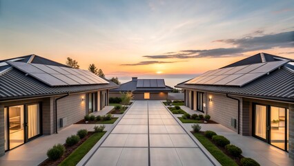 Stunning luxury homes with solar panels showcase sustainable living at sunset with ocean view