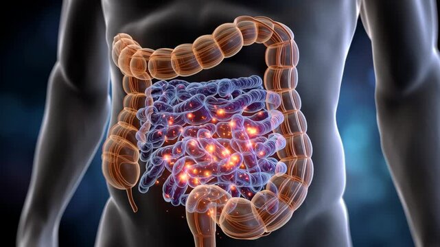 Gut Healthy concept ,Human digestive system with glowing gut microbiome and inflammation highlighting intestine colon small