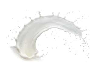 Dynamic arc-shaped splash of transparent milk with translucent droplets and fine mist, frozen mid-air on a transparent studio background with copy space, concept for dairy advertising