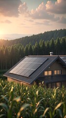 Sustainable living in a rural home with solar panels at sunset for a greener future and energy independence