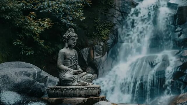 Ancient statue great Buddha on bright holiday composition