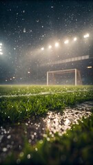 Eerie and dramatic rain falling on a soccer field with bright stadium lights illuminating the scene