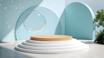 Elegant podium display showcase with modern blue arches and natural light for product presentation