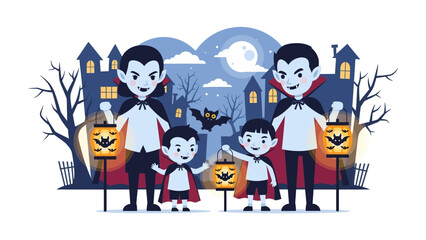 Spooky Halloween Celebration: A vibrant Halloween illustration showcasing a family dressed as vampires. Featuring children and adults alike. They are holding lanterns.